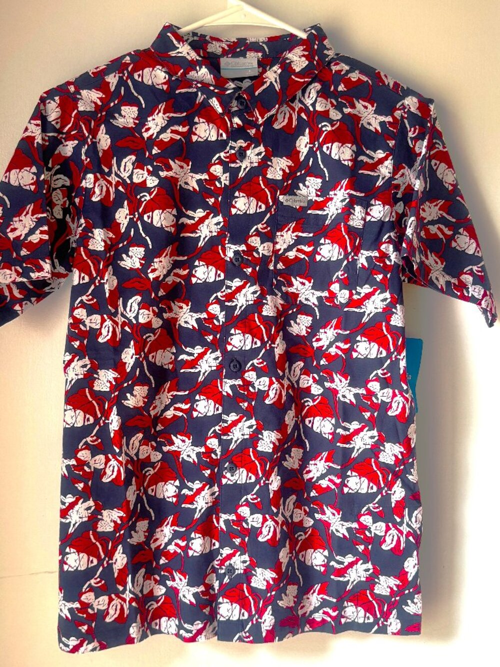 Columbia Boys Shirt L 14/16 NWT Red White Blue Floral Short Sleeve Button Up GS